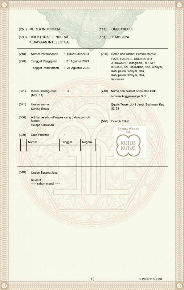 Sertifikat merk kelas 35 Kutus Kutus Lembar 2